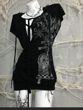 NWOT Salvage Rare Htf 'Seek And Destroy' Mesh Grapic Lace-Up Mini Dress. M
